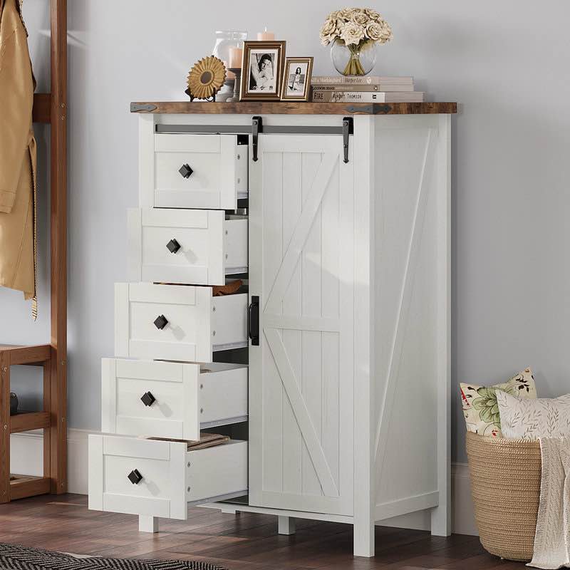 Dreavyn Despres 31.5'' Farmhouse 5 Drawer Tall Dresser with Sliding Barn Doors,White