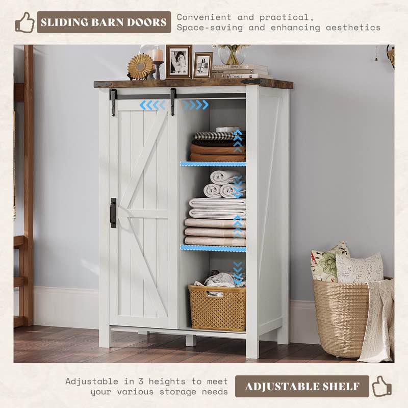 Condition photo showing New/Like New for Dreavyn Despres 31.5'' Farmhouse 5 Drawer Tall Dresser with Sliding Barn Doors,White