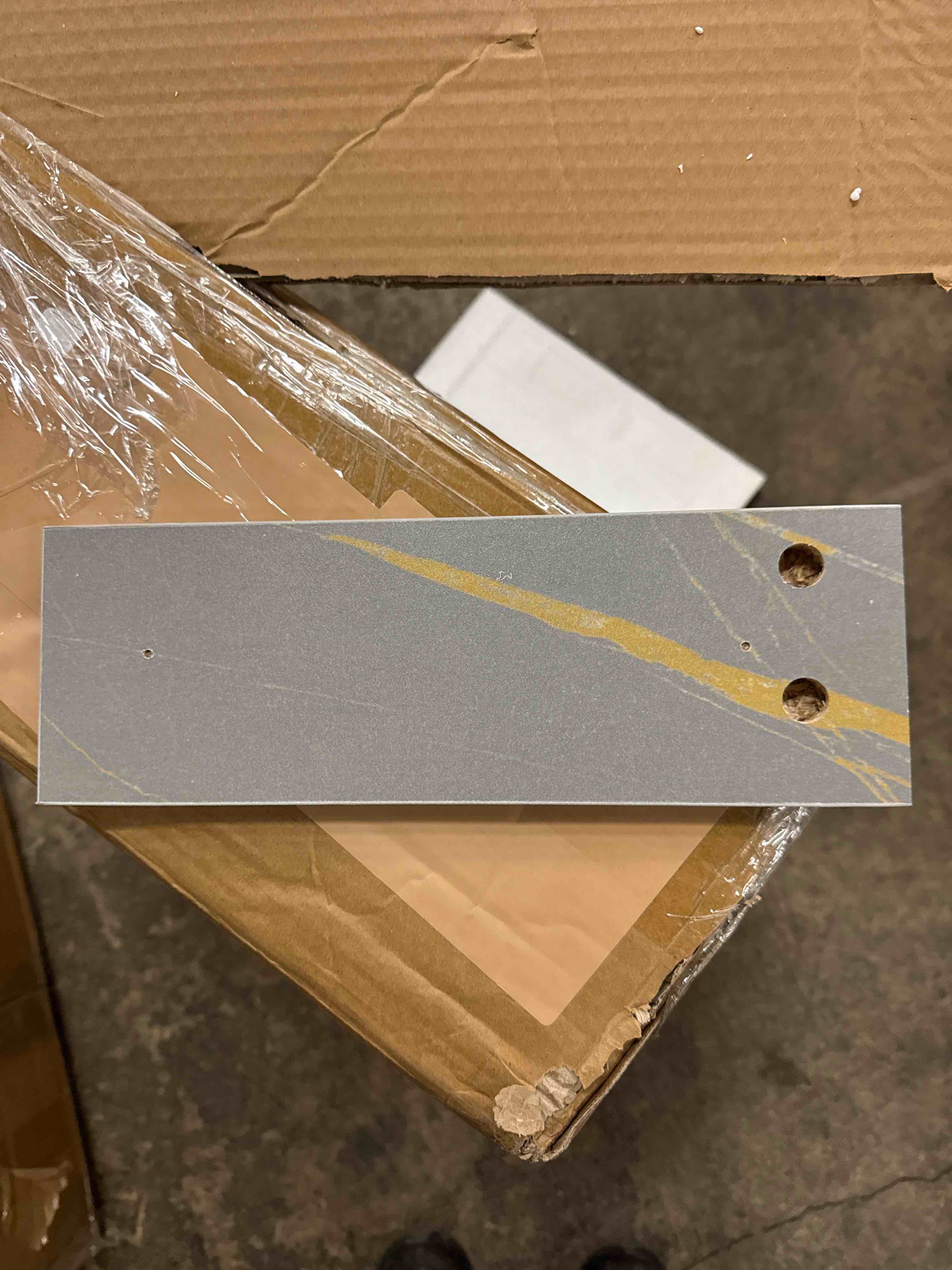 Condition photo showing As Is for Ivy Bronx Gray and Gold Nightstand