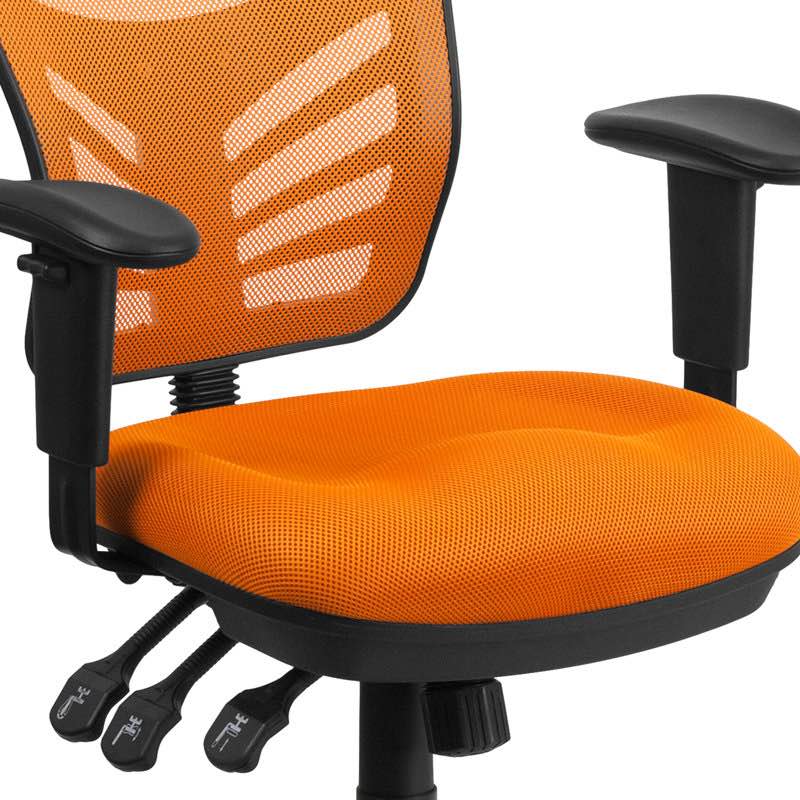 Condition photo showing New/Like New for (2) Emma + Oliver Mid-Back Orange Mesh Multifunction Ergonomic Office Chair (BID iS PER ITEM, LOT IS FOR 2 CHAIRS TOTAL.)