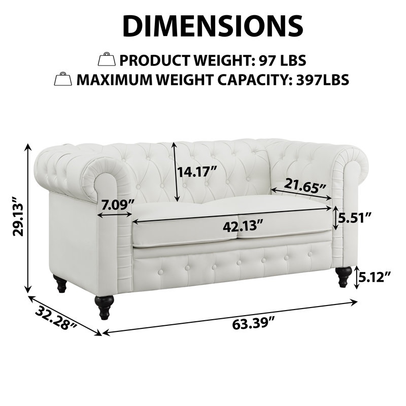 Condition photo showing New/Like New for Sanor Modern Leather Chesterfield Loveseat - Button Tufted Sofa Couch with Arms for Living Room