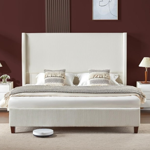 Condition photo showing New/Like New for King Size Platform Bed Frame with 62" Headboard Corduroy Upholstered Bed/Wingback/No Box Spring Needed/Noise Free/Cream