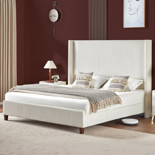 King Size Platform Bed Frame with 62" Headboard Corduroy Upholstered Bed/Wingback/No Box Spring Needed/Noise Free/Cream