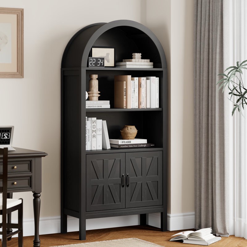 Condition photo showing New/Like New for Adona 70.47*30.9 inch Adona Arched Display Storage Bookcase with Open Shelves and Cabinet