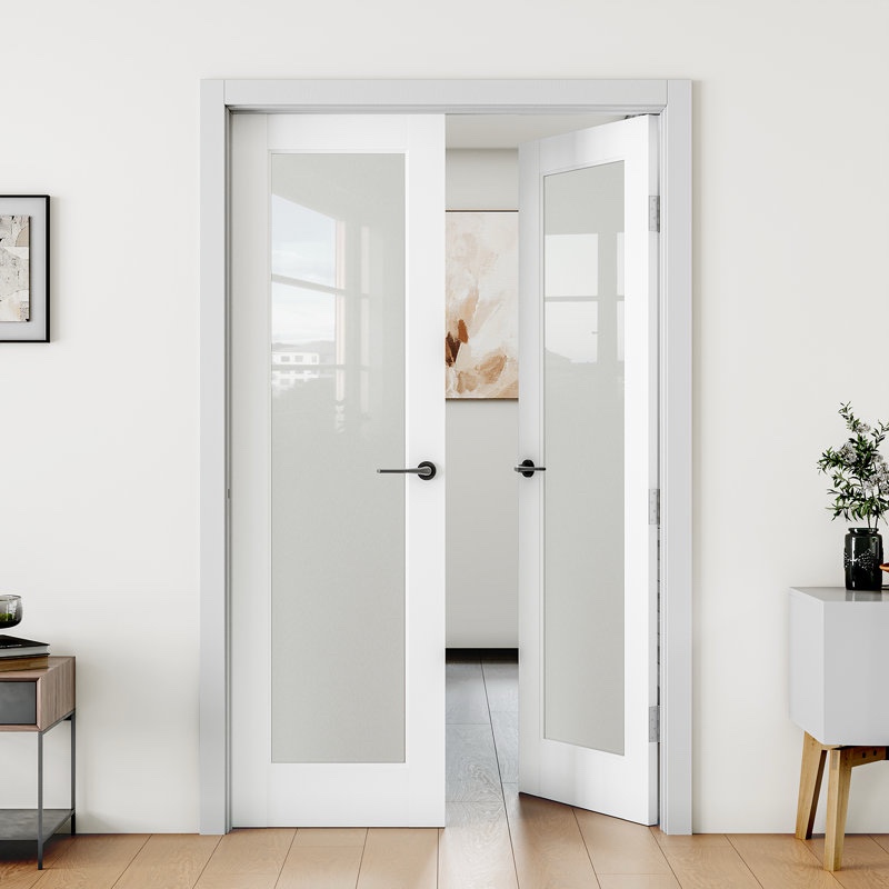 Condition photo showing New/Like New for Frosted Glass 1-Lite Solid Wood Double Slab Doors -Without Frame and Hardware Kit