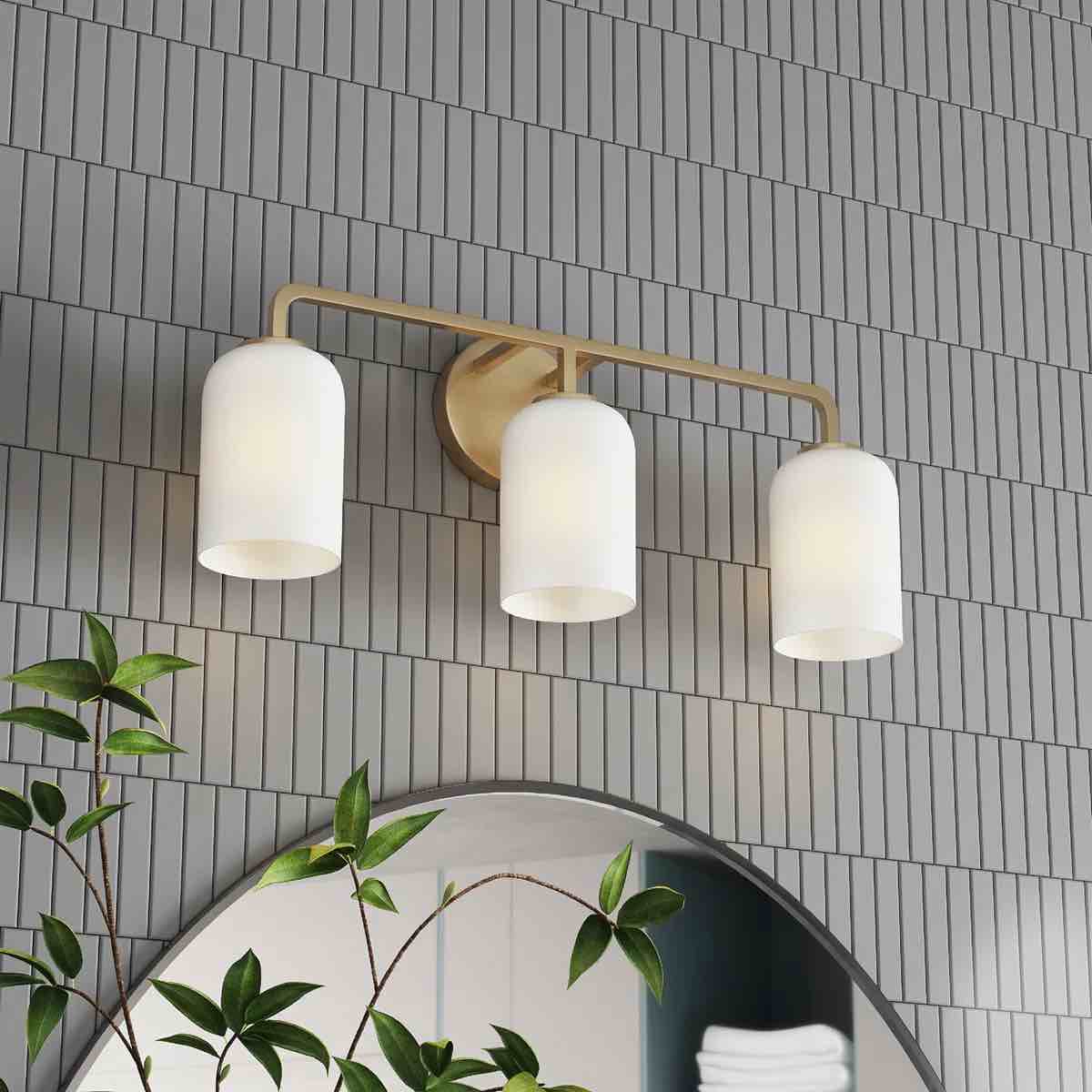 Condition photo showing New/Like New for 3 Light Brushed Gold Bathroom Light Fixtures with Frosted Glass