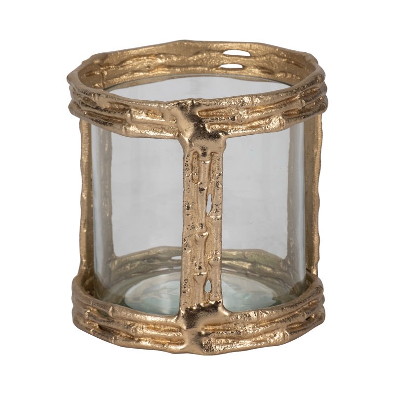 Condition photo showing New/Like New for Modern Aluminum and Glass Pillar Holder with Sculpted Organic Frame and Handcrafted Textural Detail for Contemporary Decor