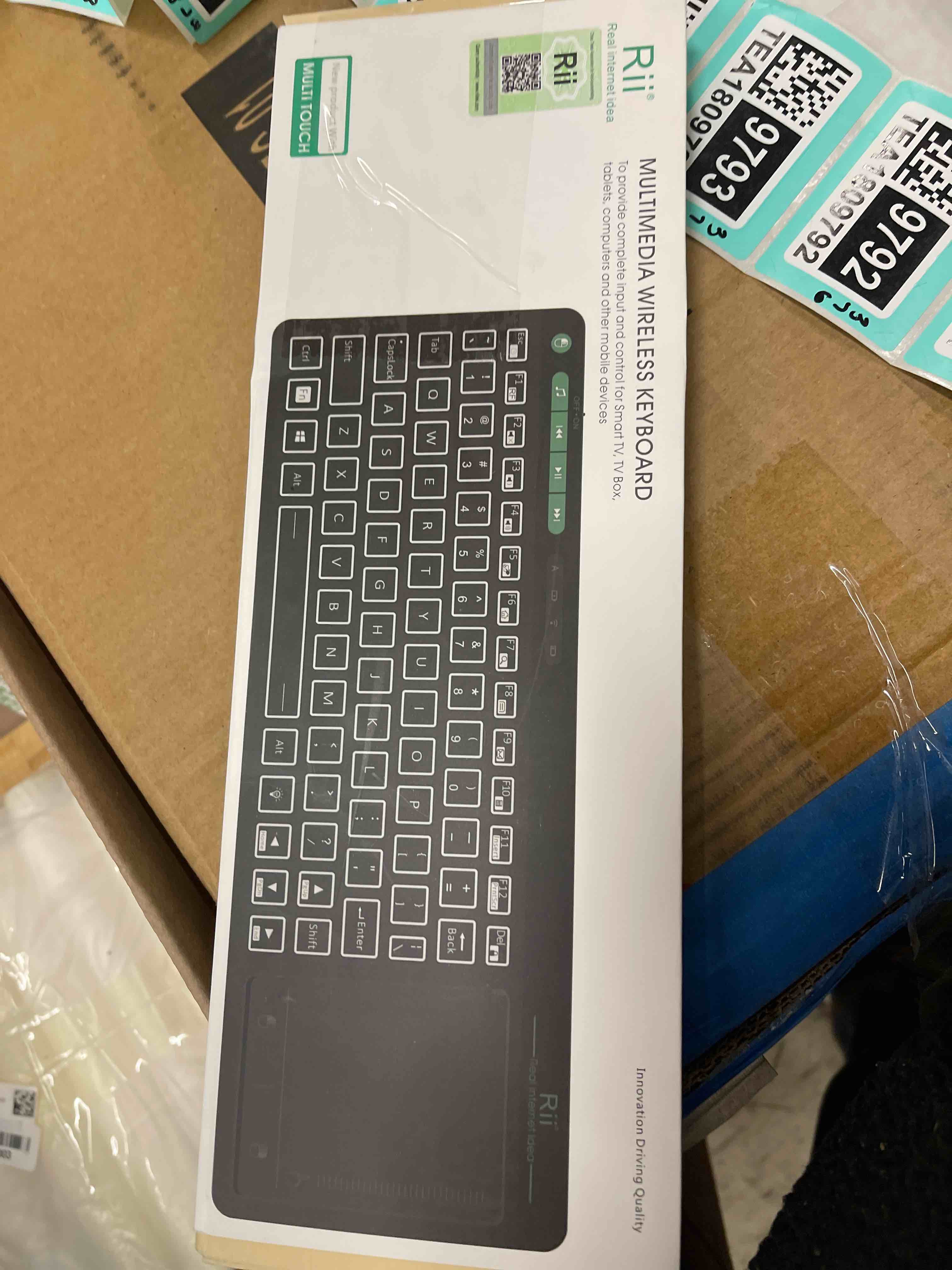 Condition photo showing New/Like New for Rii K18 Plus Wireless 3-LED Color Backlit Multimedia Keyboard with Multi-Touch Big Size Trackpad,Rechargable Keyboard for Android TV Box,PC,Smart TV,Xbox,Raspberry Pi, HTPC IPTV,Windows, MacOS 2.4G