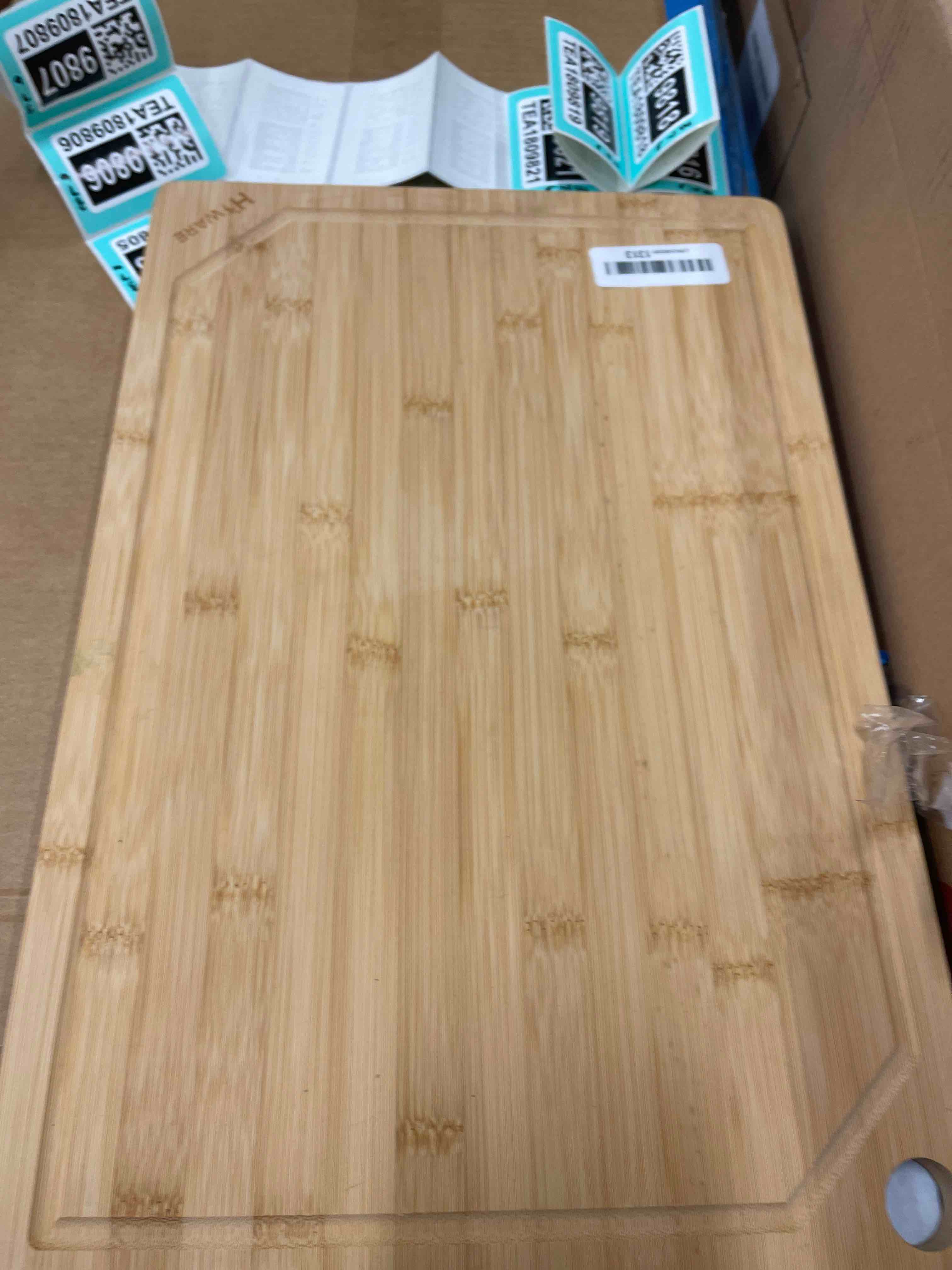 Condition photo showing New/Like New for Hiware Extra Large Bamboo Cutting Board for Kitchen, Heavy Duty Wood Cutting Board with Juice Groove, 100% Organic Bamboo, Pre Oiled, 18" x 12" Natural 18"L x 12"W
