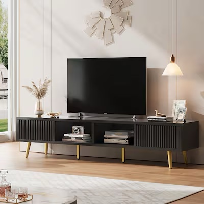 Bestier 70-in W Black TV Stand with Sliding Fluted Doors and Adjustable Shelves