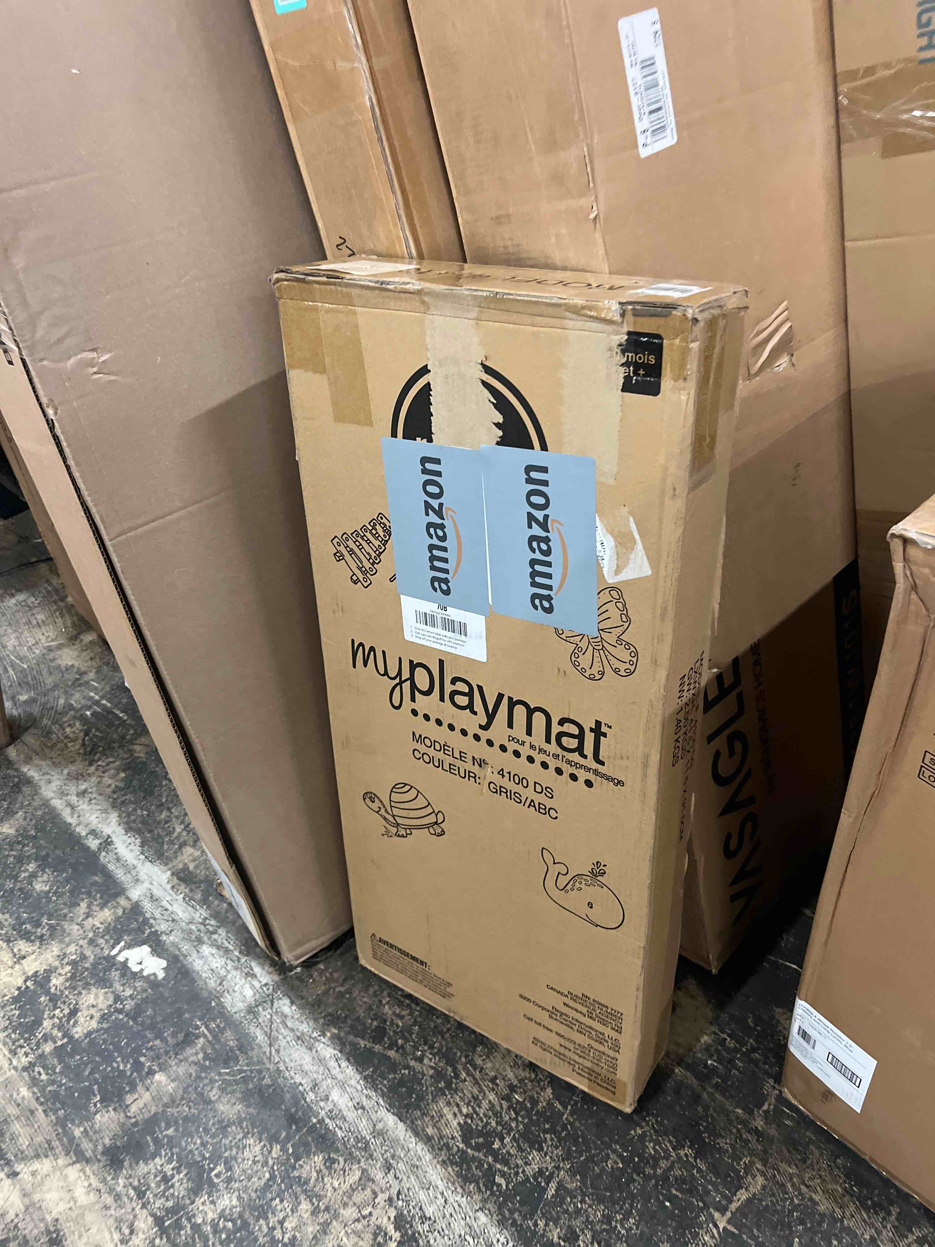 Condition photo showing New/Like New for Regalo 77"x71" Extra Large Alphabet Play Mat for Babies and Toddlers, Alphabet Animal and Object Learning Mat, Non-Toxic Waterproof Foam Design, Reversible, Foldable for Easy Storage, Wipe Clean, Gray Baby My Play Mat.