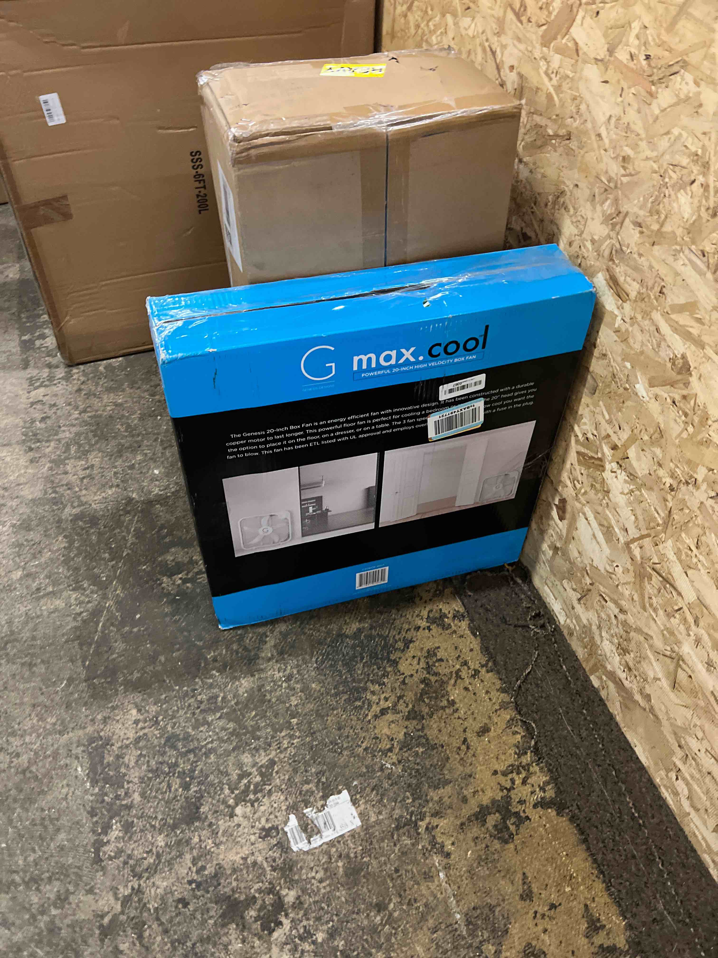 Condition photo showing New/Like New for genesis 20" box fan, 3 settings, max cooling technology, carry handle, white (g20box-wht)