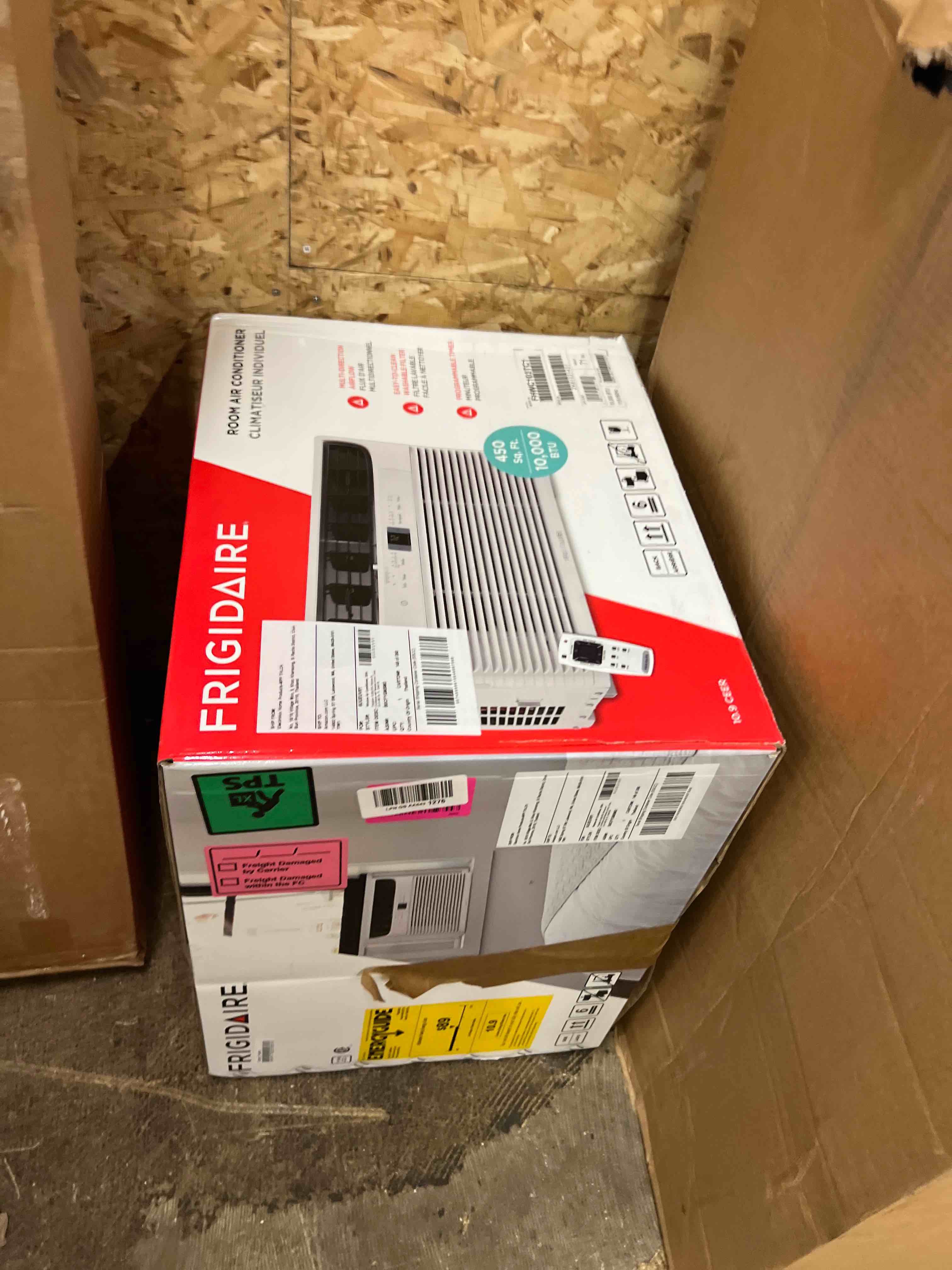 Condition photo showing New/Like New for frigidaire 10,000 btu window air conditioner with remote control, cools up to 450 sq. ft., quiet operation, eco mode, 3 fan speeds, auto restart, white