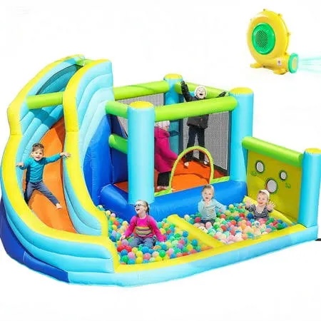 fbsport inflatable bounce house, water slide park slide bouncer with ball shooting, climbing wall, jumping and splash pool, kids bouncy castle with 450w air blower for outdoor backyard