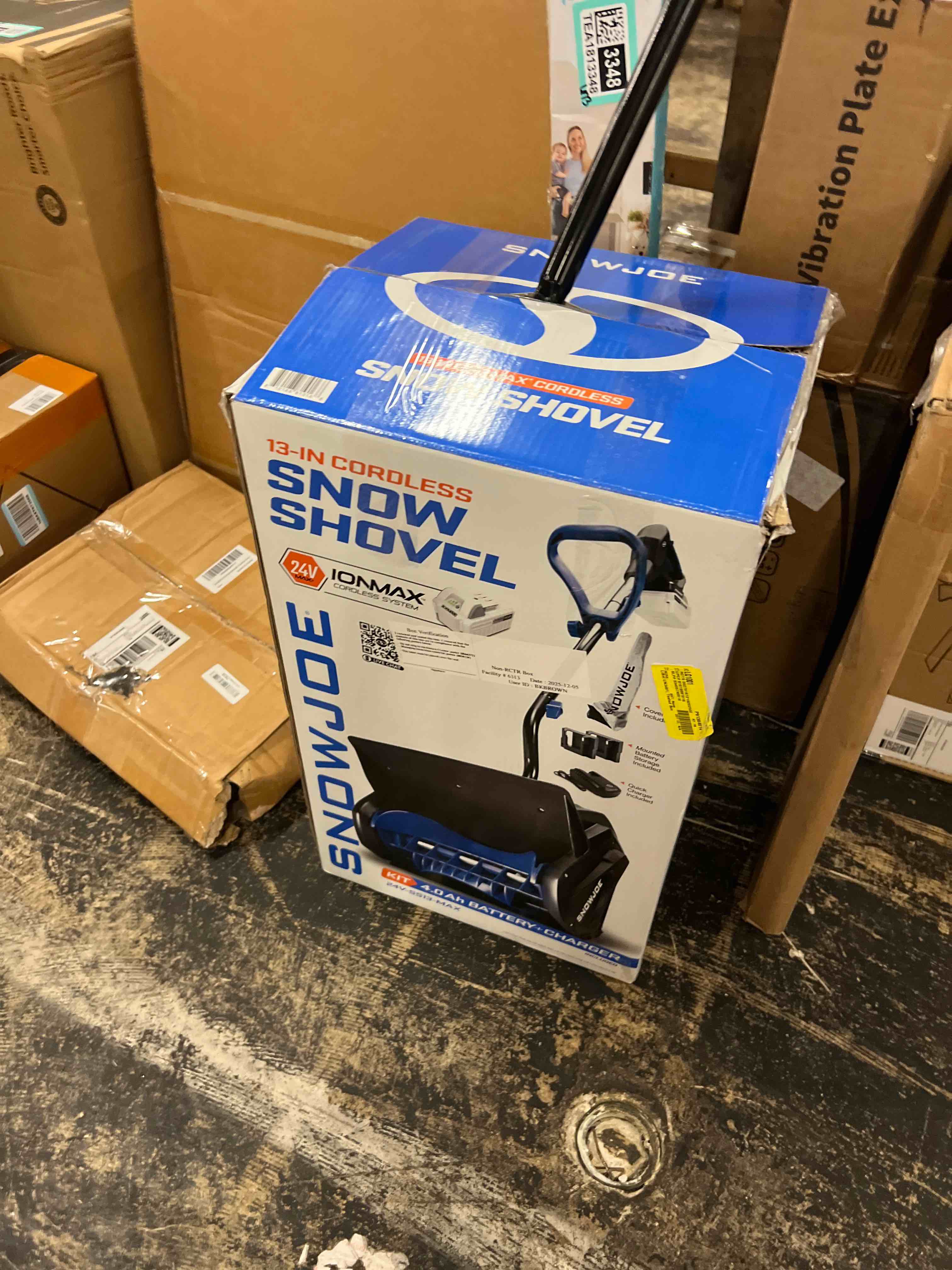 Condition photo showing New/Like New for snow joe 24v ion+ cordless snow shovel, blue and black, 13 inch, with 4ah battery, quick charger, battery holder, cover