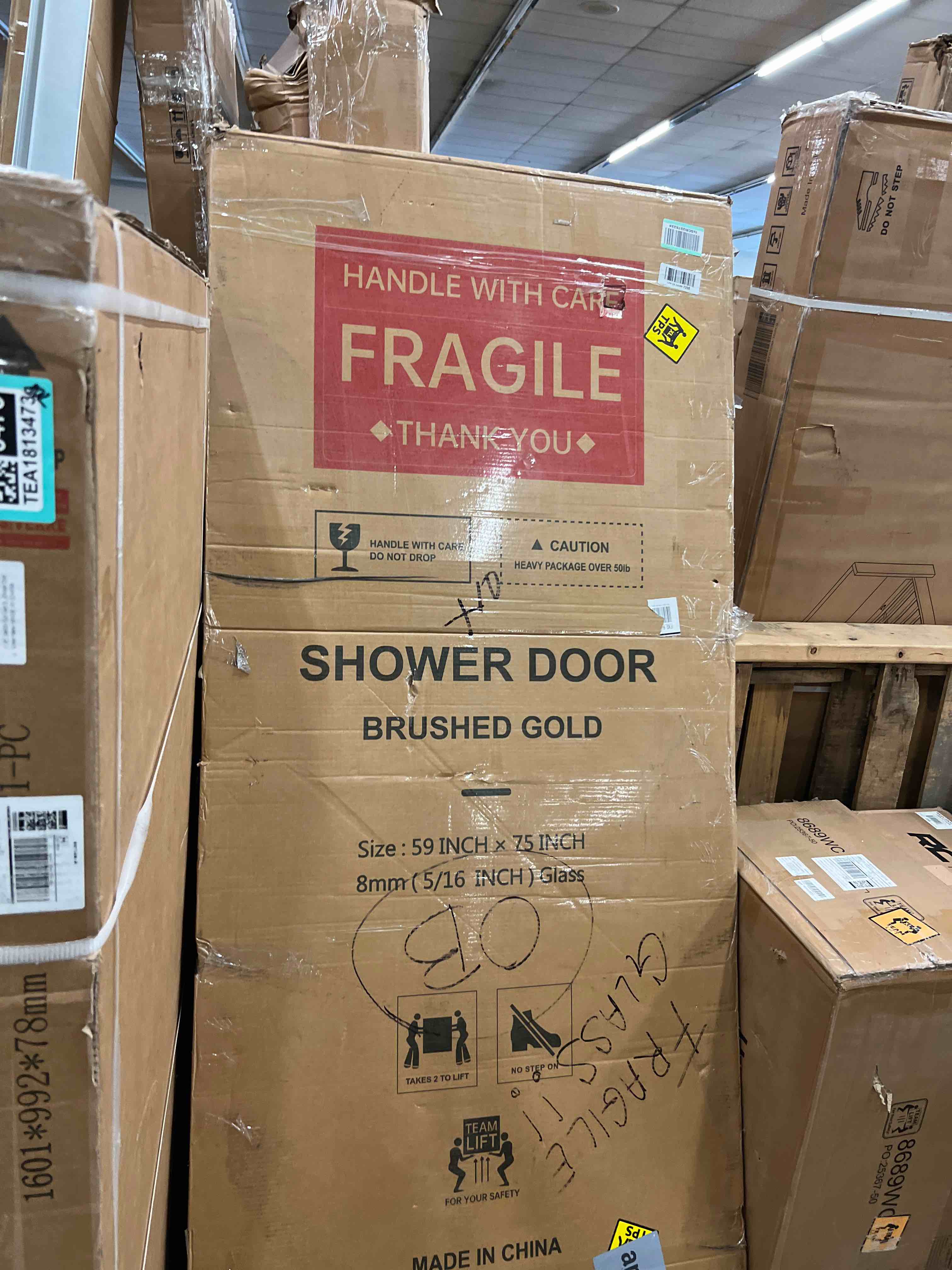 Condition photo showing New/Like New for 56"-60" w x 75" h frameless shower door, double sliding shower door,5/16"(8mm) clear tempered glass,silent soft-close design,brushed gold