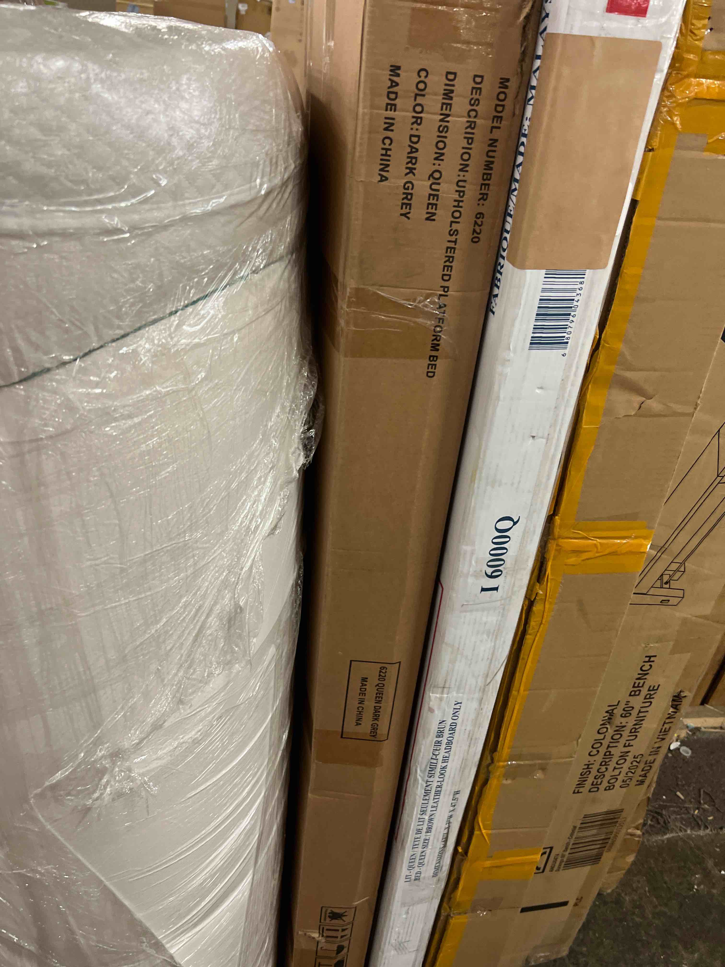 Condition photo showing New/Like New for queen piper upholstered platform bed with horizontal paneled headboard, wooden slat support, no box spring needed, easy assembly, eco friendly packaging, dark grey