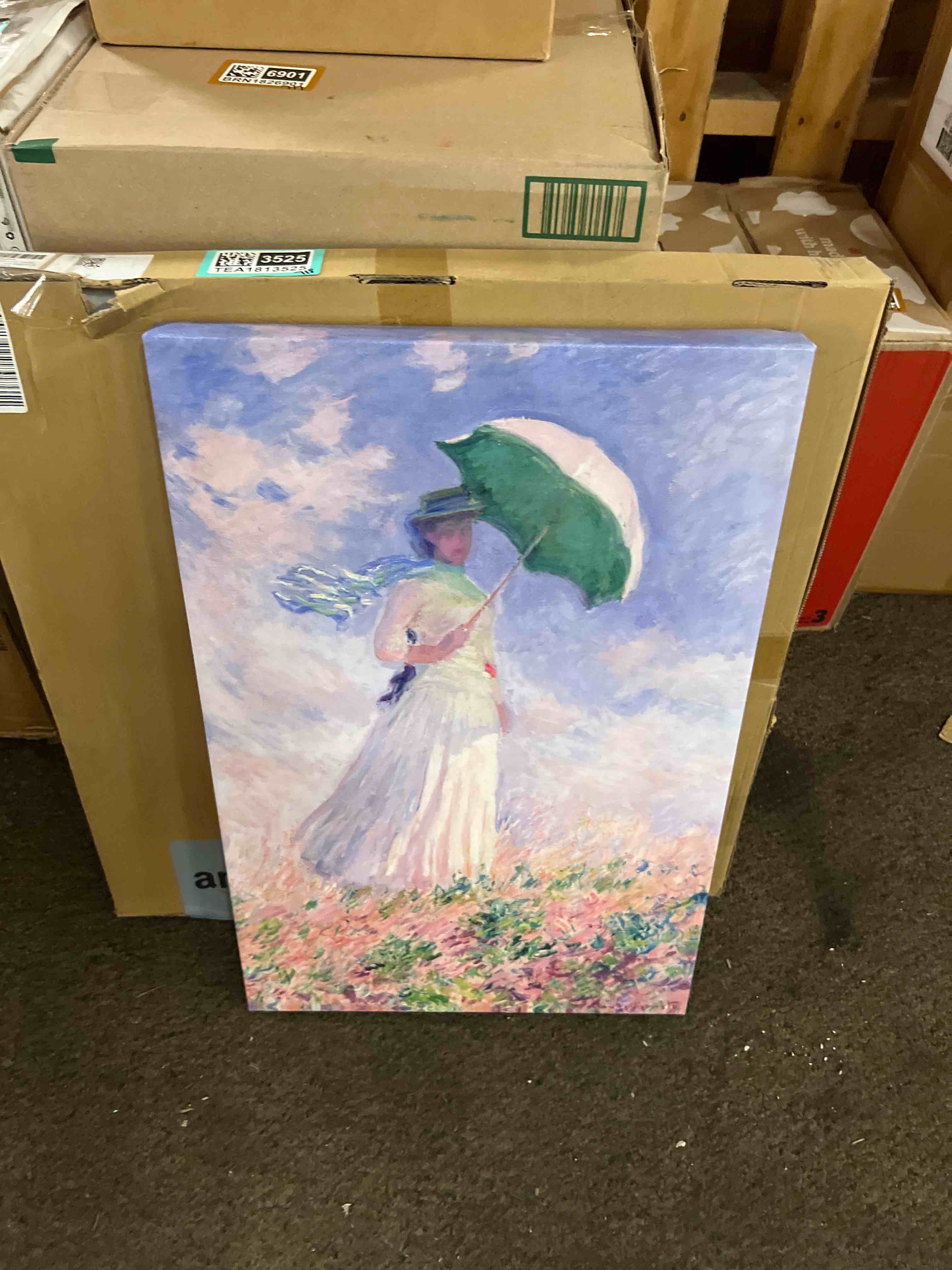 Condition photo showing New/Like New for monet, claude 18x24 gallery wrapped stretched canvas art titled: woman with a parasol-right