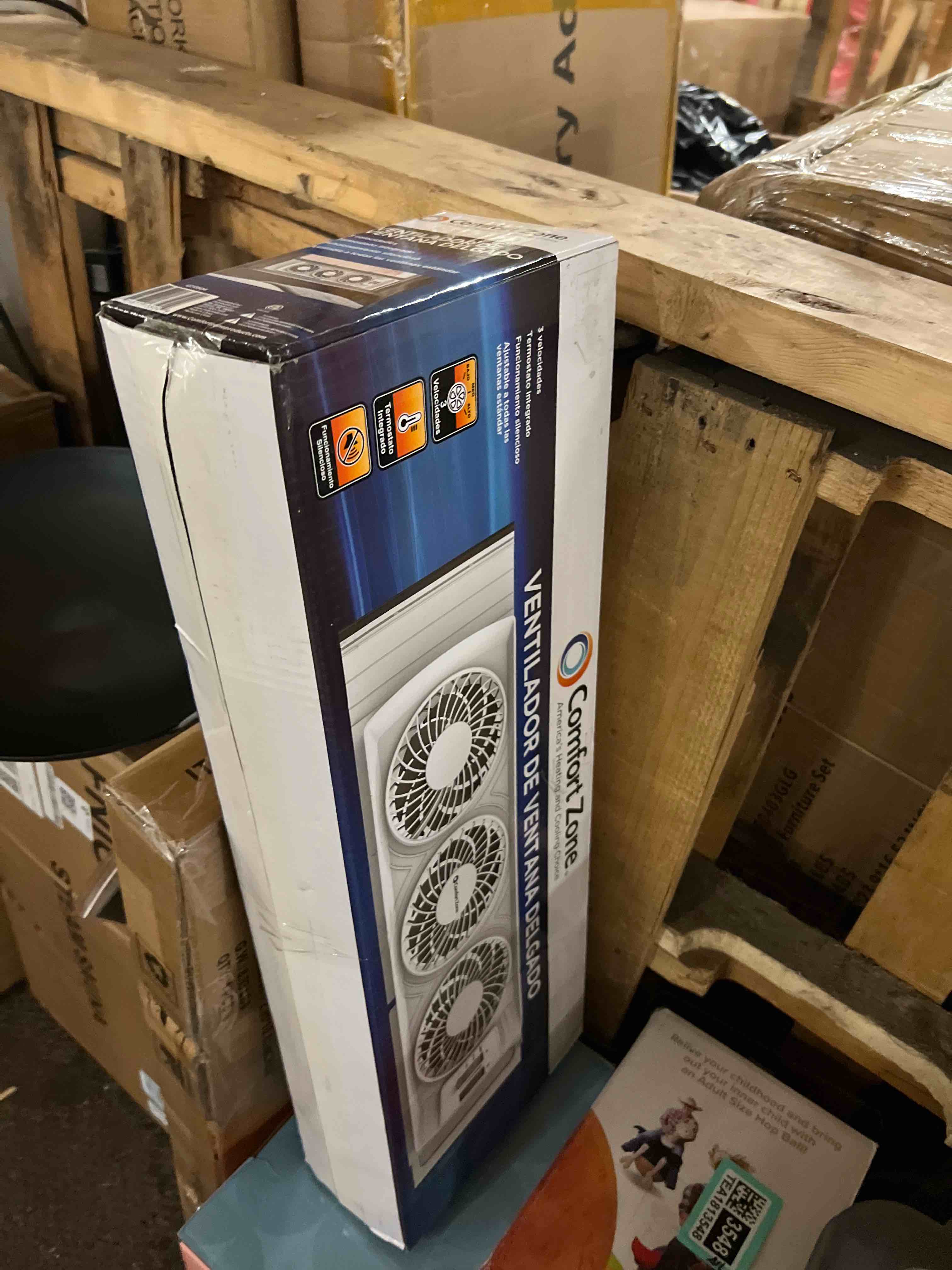 Condition photo showing New/Like New for comfort zone triple window fan with adjustable thermostat | 3-speed high-velocity cooling | horizontal or vertical manual control | fits double hung windows (min 25" x 8") | fully assembled | white