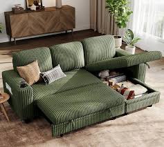 LINSY HOME Sectional Sleeper Sofa with Pull Out Couch Bed Convertible Plush Corduroy Cloud Couch with Storage Chaise & USB Charging, Comfy L Shaped Modular Couches for Living Room Apartment (Green)