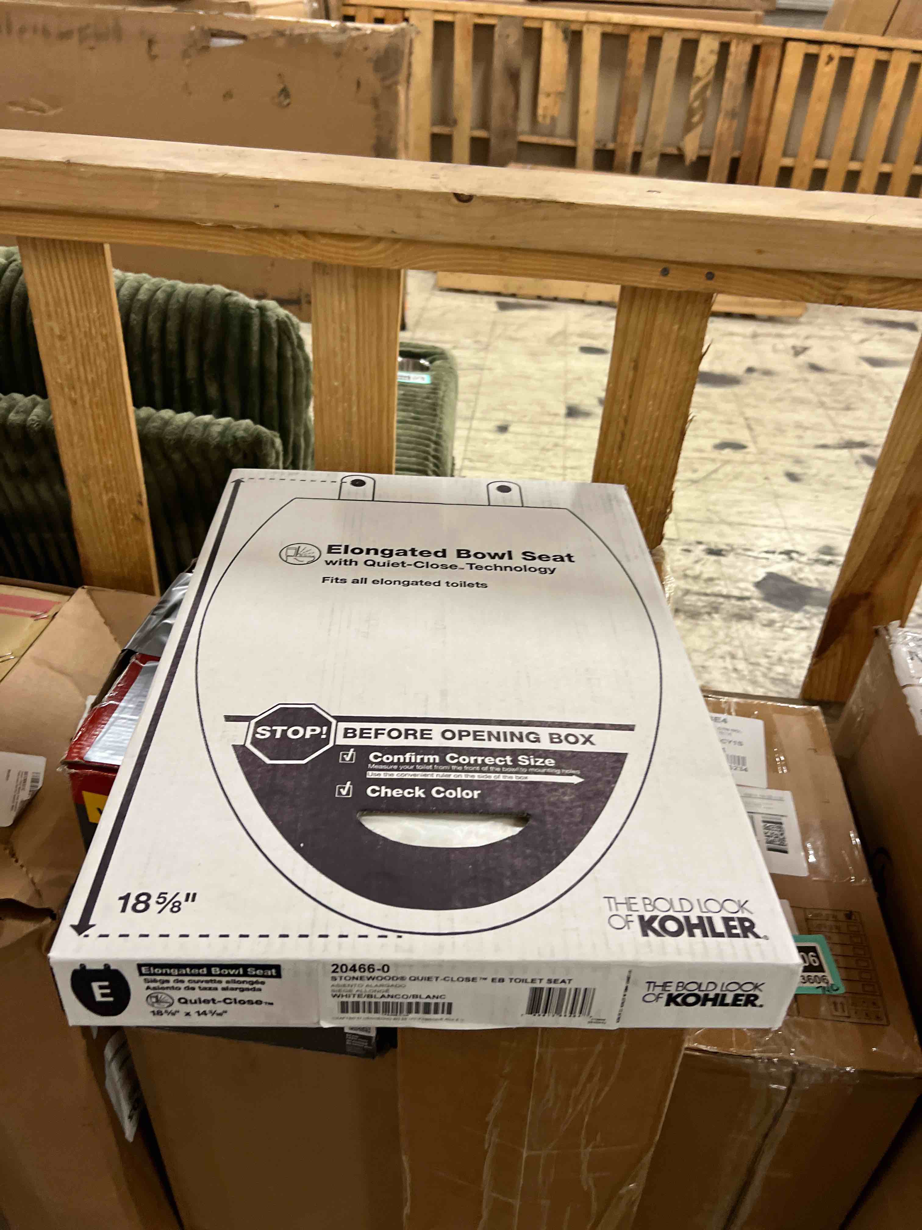Condition photo showing New/Like New for kohler stonewood quiet-close elongated toilet seat, slow close design, durable wood, easy installation, universal fit, white finish, k-20466-0