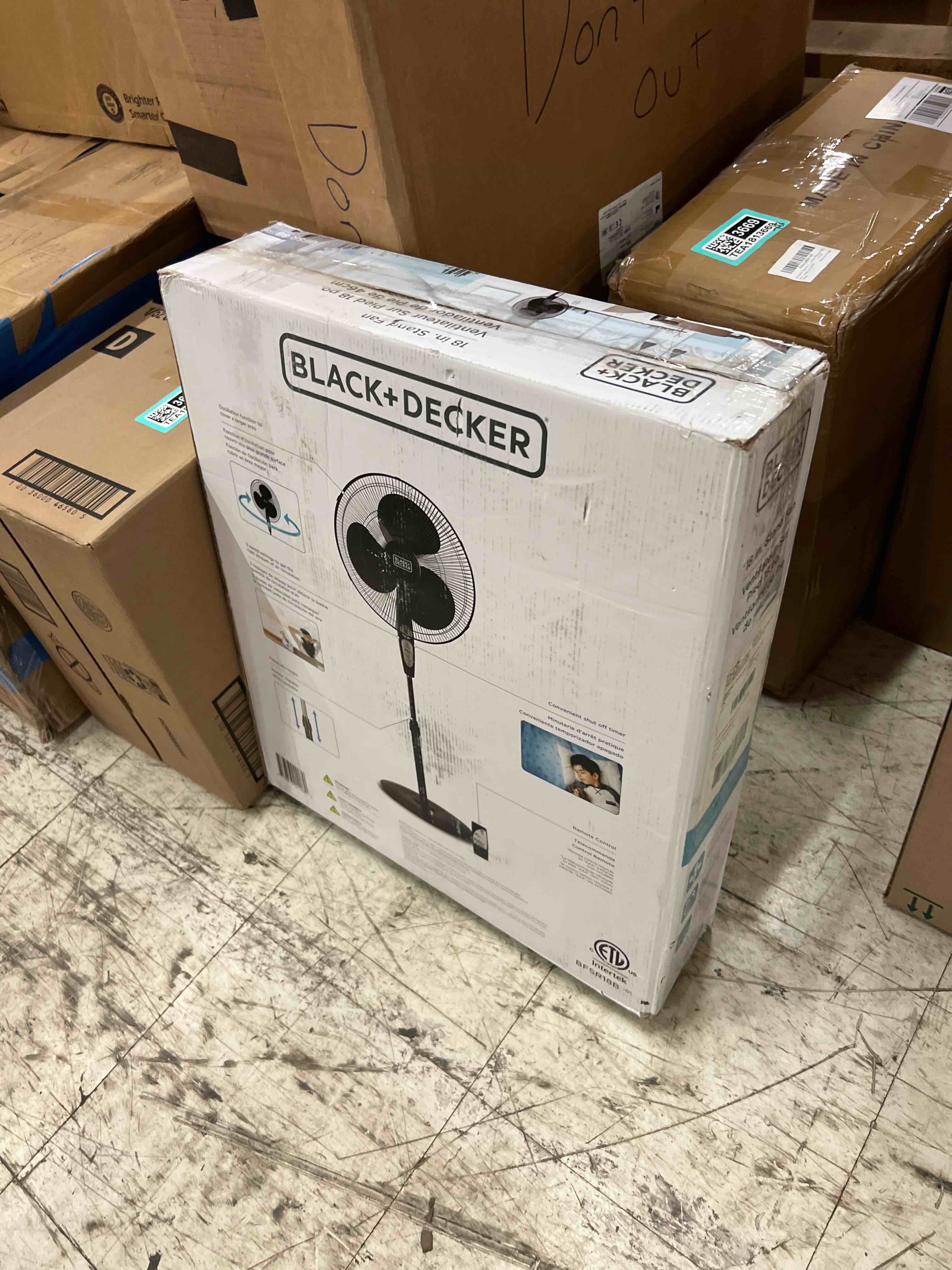 Condition photo showing New/Like New for black+decker 18" oscillating stand fan with remote control black: adjustable height, 3 speeds, etl listed