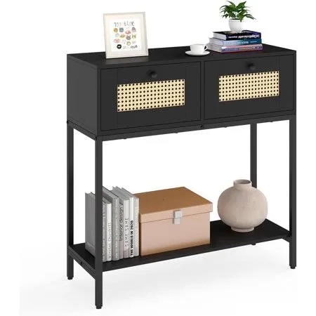 furninova rattan console table,entryway table,tv stand, boho wooden storage organizer entrance console sofa table,nightstands for living room, study room, entryway,black