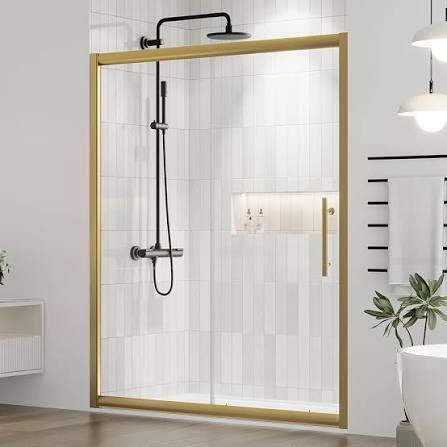 DELAVIN 60.in W x 72.in Semi-Frameles Shower Door with Clear Tempered Glass and Easy Roller System, Sliding Shower Door with Water Seal Strips, Gold Glass Shower Door with Explosion-Proof Film
