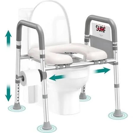 toilet seat risers for seniors, removable padded raised toilet seat with handles, easy to clean adjustable height toilet riser, handicap elevated seat 400lb, fits any toilet