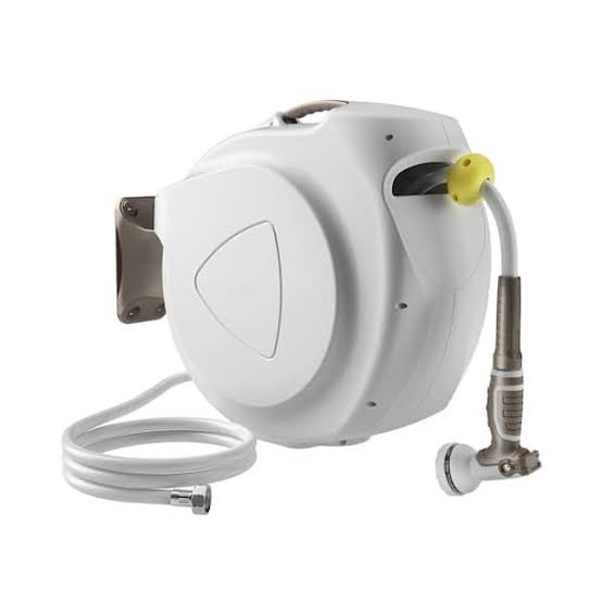 retractable garden hose reel, 1/2 in 75+6ft, heavy duty wall mounted water hose reel, spring power automatic rewind, any length lock, 180° swivel bracket, 10 pattern spray nozzle 1/2“ 75ft