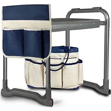 aimerla foldable garden kneeler seat heavy duty [upgraded widened thick kneeling pad] garden stool with large garden tool bags with pockets - portable garden bench gardening gifts for parents k3-blue