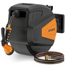ayleid retractable garden hose reel,1/2 in x 65 ft wall mounted hose reel, with 9- function sprayer nozzle, any length lock/slow return system/wall mounted/180°swivel bracket (black) 65ft deep black
