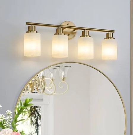 4-light bathroom vanity light, brushed gold vanity lights for bathroom, modern brushed gold wall sconce with white glass shades, anti-rust light fixtures over mirror (bulbs not included, e26 base) brushed gold-4 light