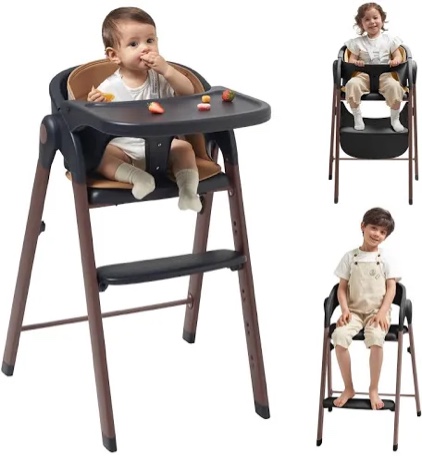 kub high chair for babies and toddlers adjustable foldable convertible 5 point harness easy clean wood-printed metal with removable tray baby highchair for family (black&walnut wood-printed metal)