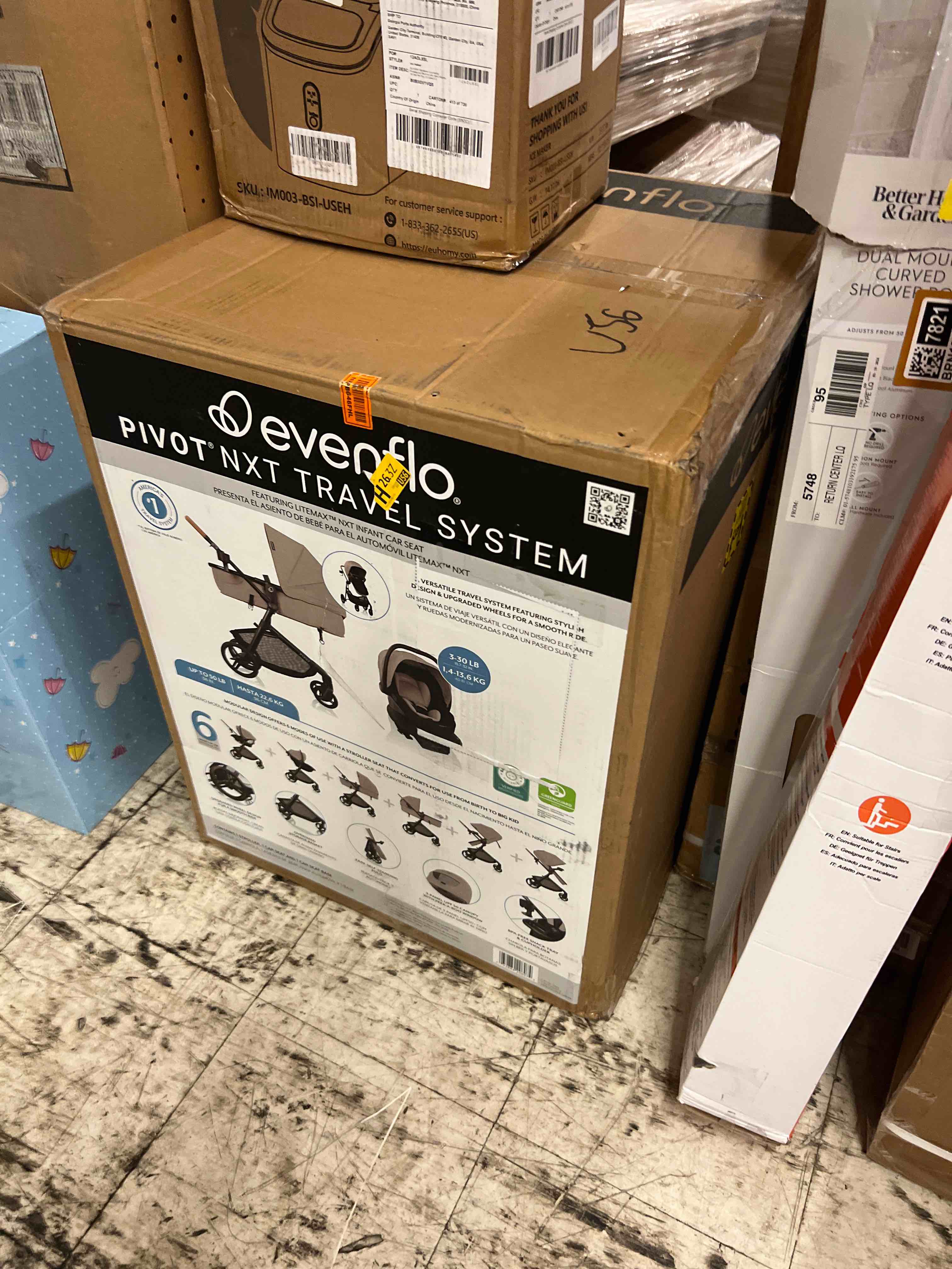 Condition photo showing New/Like New for evenflo pivot nxt travel system with litemax nxt infant car seat (latte tan)