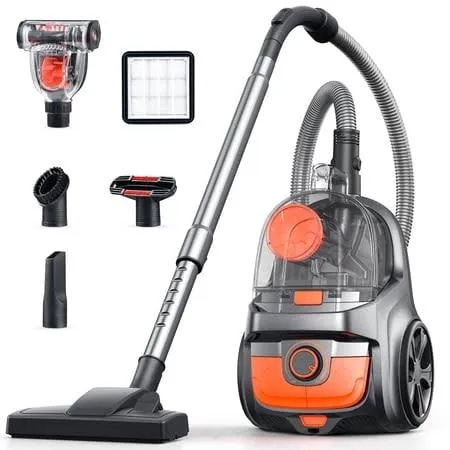 aspiron canister vacuum, upgraded 1600w bagless canister vacuum cleaner, auto cord rewind, h13 hepa filter, 4qt large capacity, 5 tools for hard floors, carpet, pet, upholstery, car, apricot