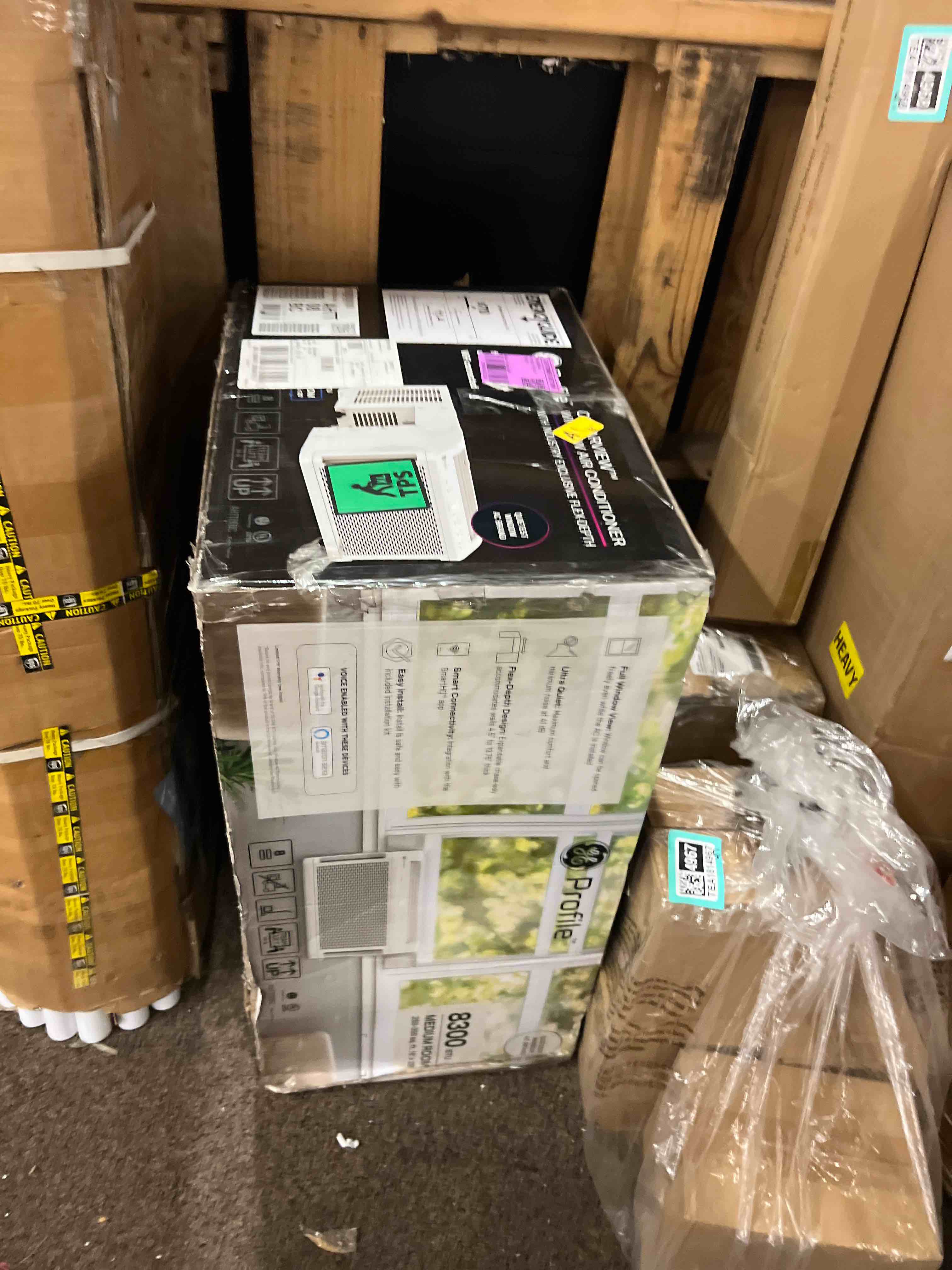 Condition photo showing New/Like New for ge profile clearview window air conditioner unit, 8,300 btu, u-shaped adjustable depth, energy efficient cooling up to 350 sq ft., ultra quiet, smart home capable, includes remote, white