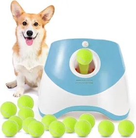 mekaple automatic dog ball launcher, dog ball thrower with 15 mini tennis balls sizing 2 inch and mesh bag, interactive dogs toys tennis balls launcher for small dogs with 3 distance settings orange