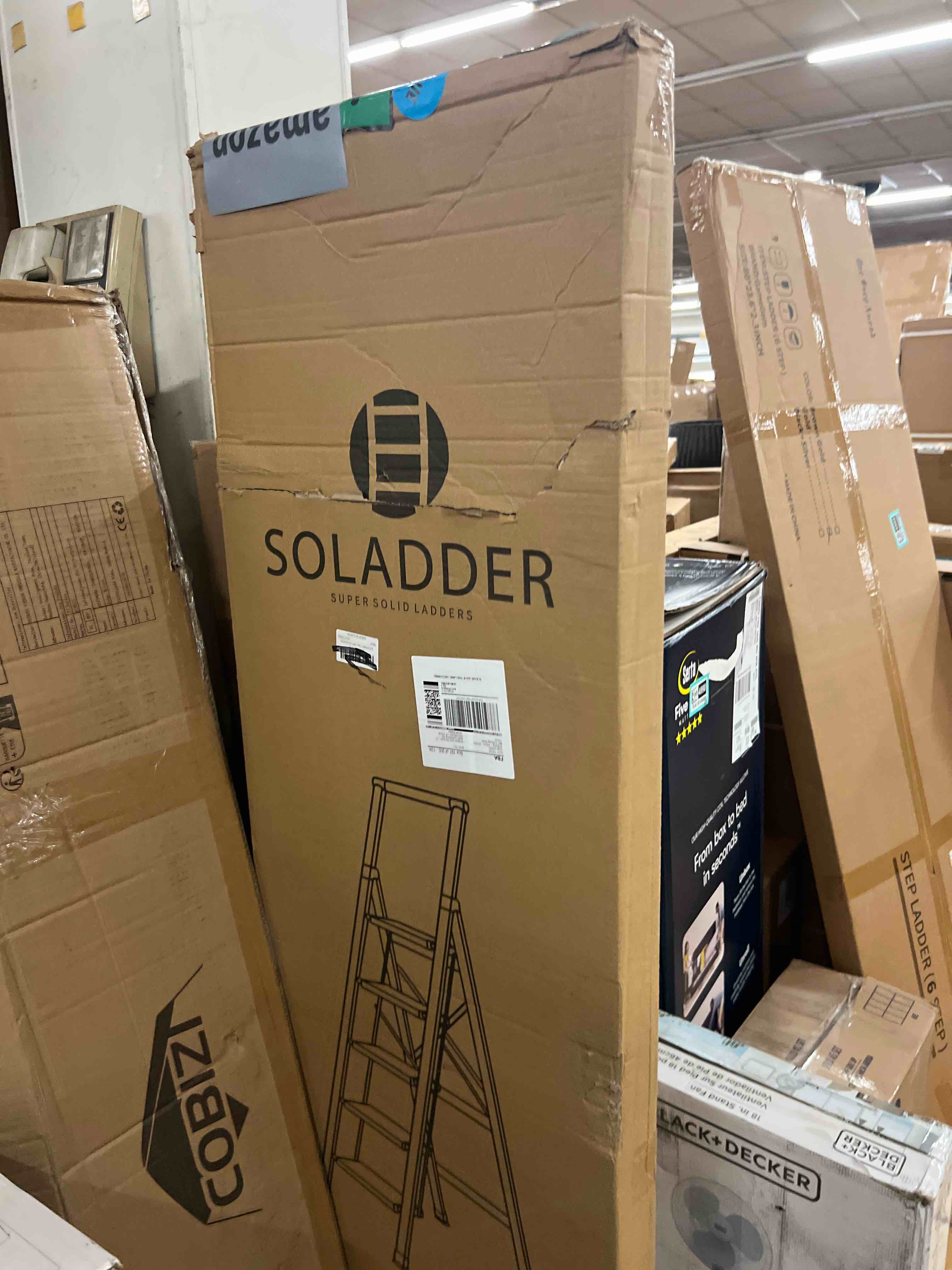 Condition photo showing New/Like New for soladder 5 step ladder, folding step stool, white foldable iron ladder for 10 foot high ceiling with anti-slip wide sturdy pedal and handgrip, multi-use for home (300 lbs capacity)