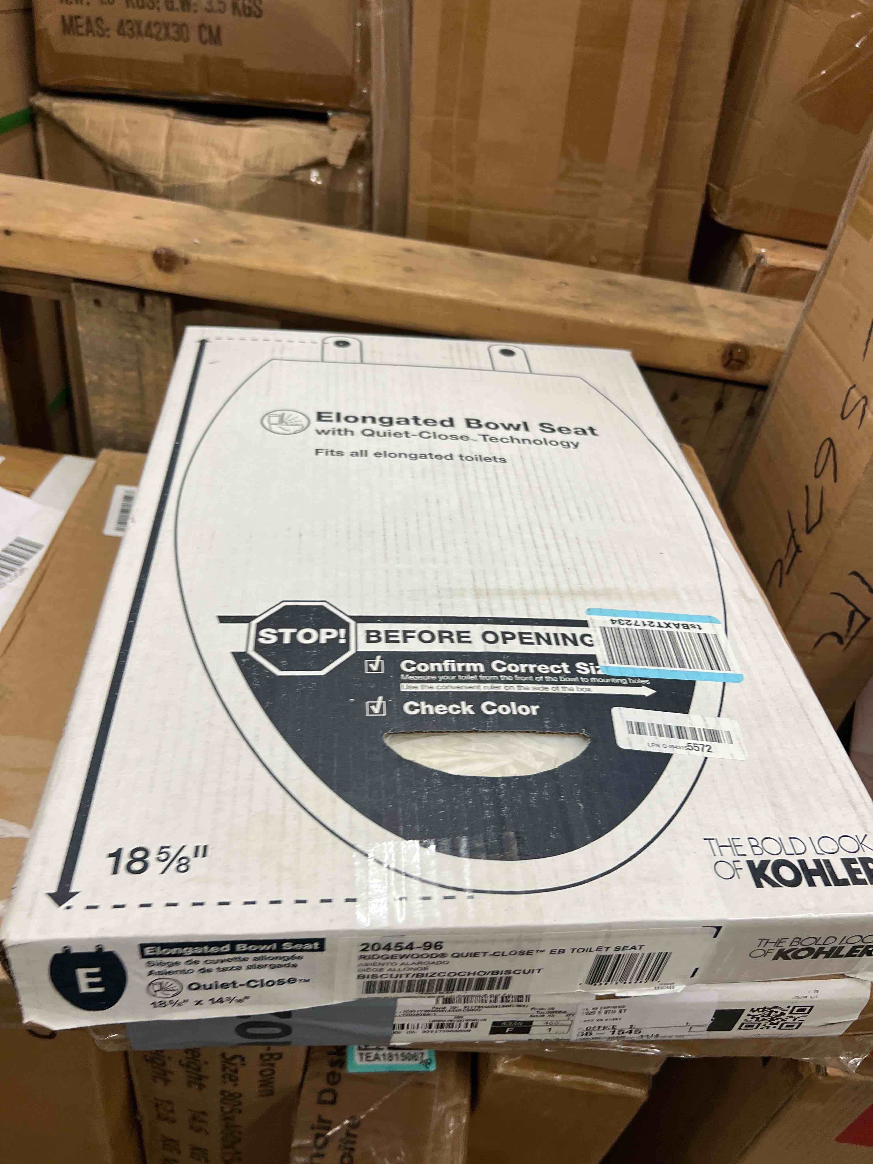 Condition photo showing New/Like New for kohler 20454-96 ridgewood elongated soft close toilet seat, quiet close, wood toilet seat, home essentials, biscuit biscuit toilet seat