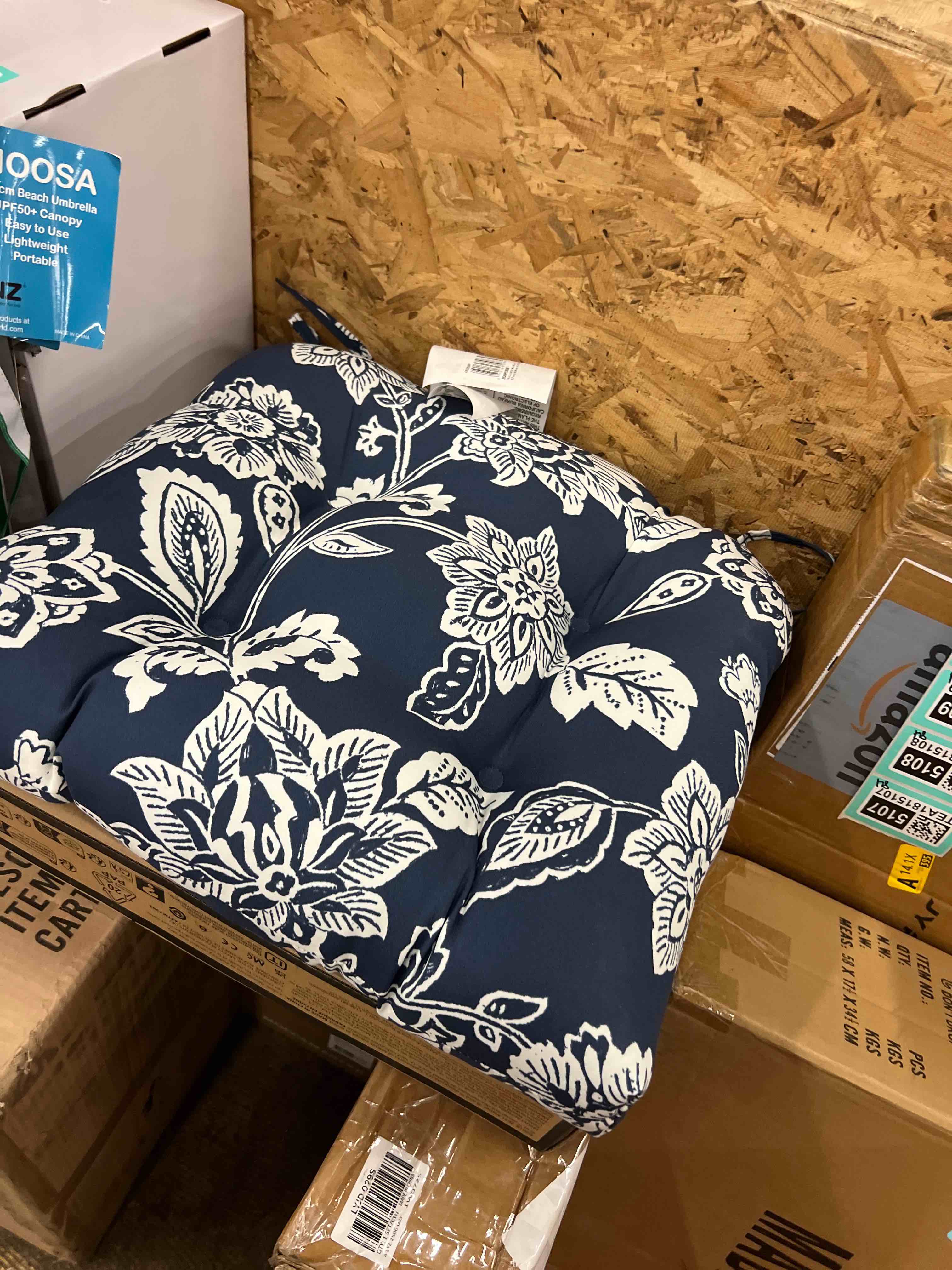 Condition photo showing New/Like New for arden indoor/outdoor rocking chair or wicker chair cushion, 20 x 18, water repellent, rain proof, fade resistant cushion for rocking or rounded back chair sapphire blue ashland jacobean 18 x 20 sapphire blue ashland jacobean 1
