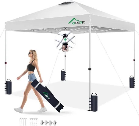 acepic 10x10 pop up canopy tent, one push instant outdoor gazebo with vented top, upgraded 300d silver coated sun shade for parties camping vendor, includes wheeled bag and 4 sandbags, white white 10*10
