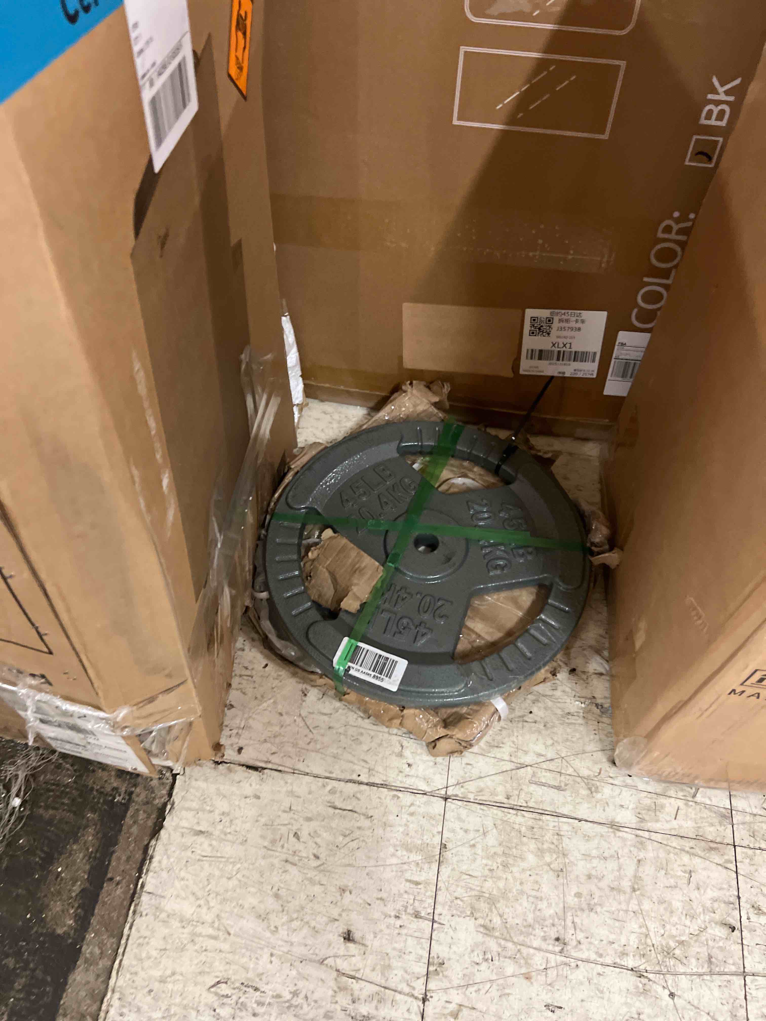 Condition photo showing New/Like New for (2) signature fitness olympic cast iron weight plate, 45lb single plate, 2in center hole, tri-grip design, light gray with gray lettering