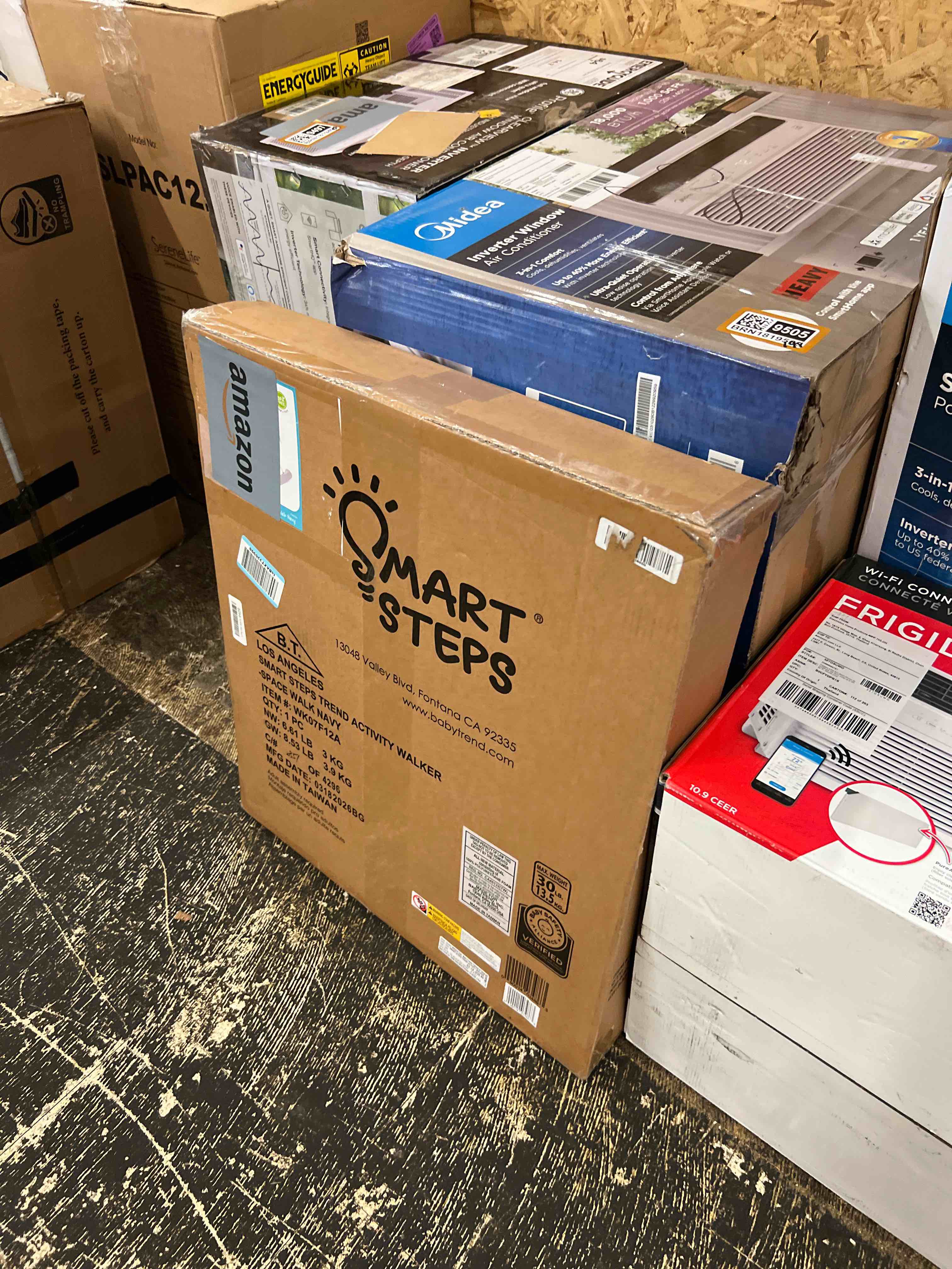 Condition photo showing New/Like New for smart steps trend activity walker and entertainer with removeable toys, large tray, cup holder, adjustable height and flat fold frame for storage, ages 6 months +, space walk navy