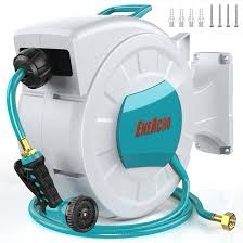 eneacro retractable garden hose reel with wall mount 1/2"×100ft with 10 pattern hose nozzle, brass connector, auto rewind/any length lock/ 180° swivel bracket, ideal for garden watering