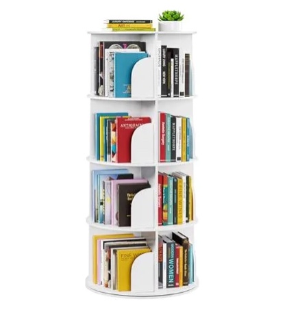 spaceaid 4 tier rotating bookshelf tower, spinning bookcase lazy susan, revolving 360 book shelf storage round carousel, vertical rotate turning spiral corner organizer, white 4 tier, 50" h white