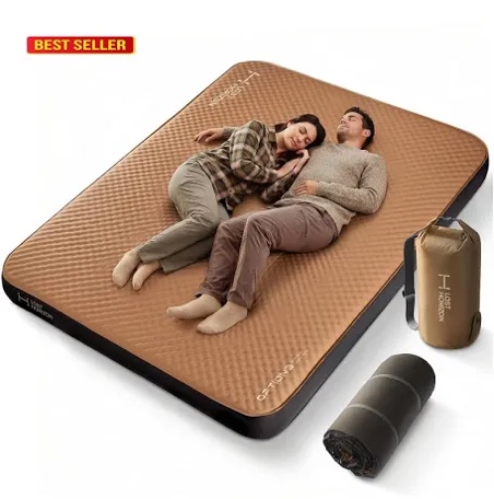 lost horizon air & foam camping mattress, self-inflating sleeping pad, 4.5" thick, with air pump, queen brown queen sleeping pad + pump