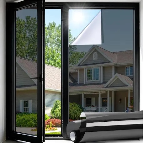 rabbitgoo window privacy film one way window tint for home, removable reflective heat sun blocking anti uv glass door covering, mirror tinting film house office, 35.4 in x 32.8 feet, black silver 35.4" x 393.7" black-silver