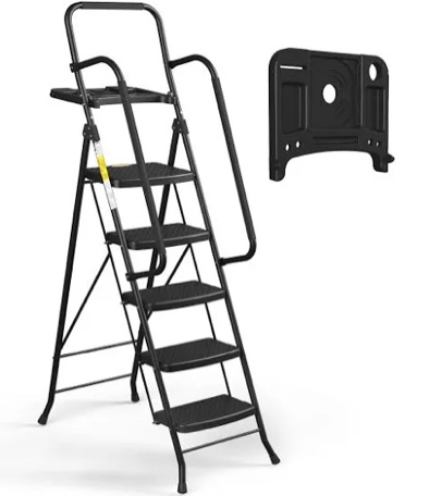 hbtower 5 step ladder, folding step stool with wide anti-slip pedal, tool tray & handrails, 330lbs capacity for home and kitchen, black 5 step ladder black