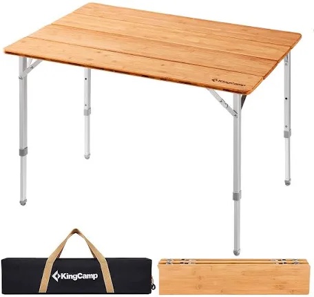 kingcamp adjustable height folding table, 4-fold bamboo camping outdoor portable rv camp table with carry bag for outdoor car backyard picnic tailgating beach 4 fold large 39.4'' x 25.6'' bamboofold
